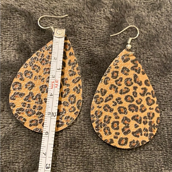Leopard Animal Print Tan & Brown Faux Leather Teardrop Earrings - Picture 5 of 5